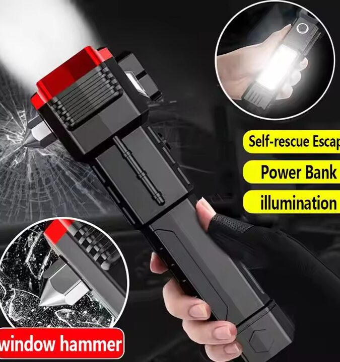 Multi-Function Power Bank with Safety Hammer, Knife, Magnetic Base, COB Side Light & USB Charging – Emergency Car Escape Tool & Portable Charger for Outdoor & Survival Use