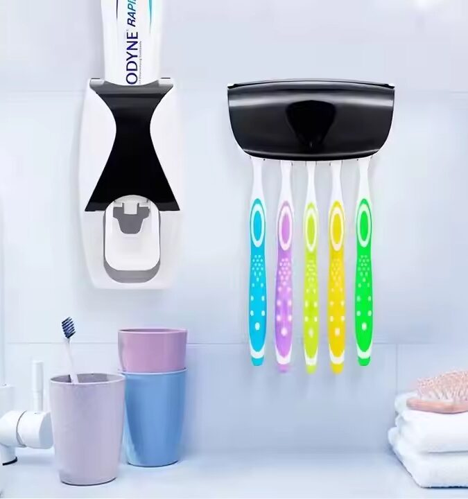 2-Piece Bathroom Set – Wall-Mounted Automatic Toothpaste Squeezer Dispenser with 5-Slot Toothbrush Holder, Hands-Free, No-Drill, Easy Installation for a Clean & Organized Bathroom