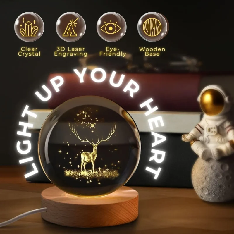 Magical 3D Crystal Ball Night Lamp with Rotating LED Light Base – Stunning Engraved Glass Sphere for Home Décor, Ambient Lighting, and Perfect Gift for Any Occasion - Image 3